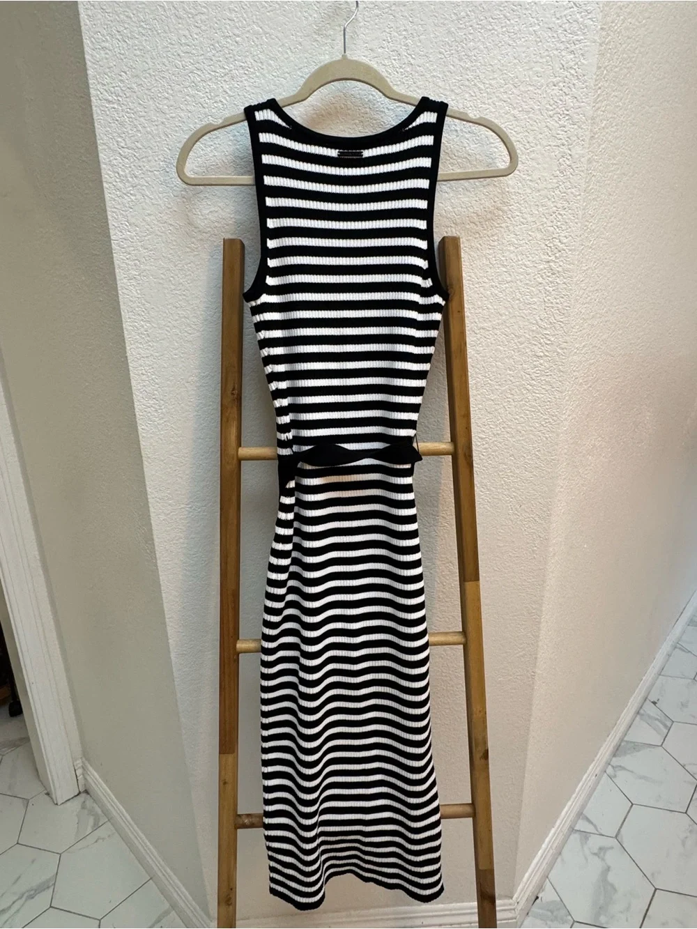 Michael Kors Black & White Striped Sleeveless Midi Dress with Belt